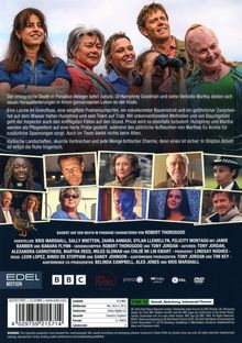 Eine Gruppe lächelnder Menschen, darunter ein Mann mit Fernglas. Darunter mehrere Porträtfotos und Informationen über eine TV-Serie.