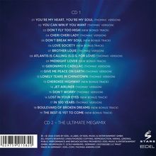 Eine Liste von Liedtiteln auf einem blauen Hintergrund. Oben steht "CD 1", unten "CD 2 – The Ultimate Megamix".