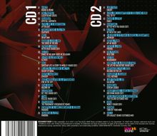 Ein CD-Cover in Rot und Schwarz. Links CD1, rechts CD2 mit Songtiteln und Künstlernamen. Hintergrund: abstrakte Muster.