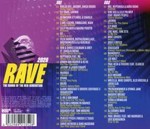 CD1 und CD2 Tracklisten für "RAVE: THE SOUND OF THE NEW GENERATION 2026." Lila Hintergrund, gelber Schriftzug.