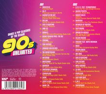 "Dance & Pop Classics of the Decade: 90s Unlimited." Zwei CD-Tracks mit Titeln und Interpreten sind auf farbigem Hintergrund gelistet.