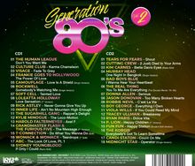 "Generation 80's Vol. 2" in neon Schrift. Zwei CDs mit Titeln und Interpreten, darunter bekannte 80er Hits. Hintergrund grün.