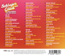 Schlager Glück 2026. Die größten Hits des Jahres. CD 01 und CD 02 mit Songlisten. Rosa zu orangefarbener Verlauf im Hintergrund.