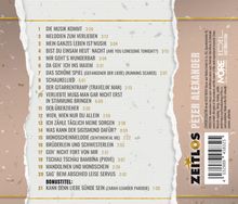 Text: 21 Songtitel mit Zeiten. Bonus: "Kann denn Liebe Sünde sein". Layout: zwei Ränder, Logo "ZEITLOS" mit Stern.