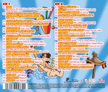 CD 1 enthält 20 Lieder und CD 2 ebenfalls 20. Im Hintergrund sind ein Comic-Mann im Wasser und ein Getränk.