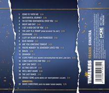 "TIMELESS FRANK SINATRA" in großer Schrift. Eine Liste von 21 Liedtiteln mit Zeiten, auf blauem Hintergrund. Links Dekor.