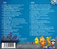 CD1 und CD2 Songlisten mit Titeln und Interpreten. Unten: bunte animierte Tiere auf blauem Hintergrund.