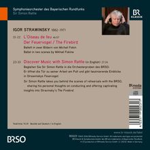 Text über Igor Strawinsky, Sir Simon Rattle mit Symphonieorchester, inkl. "Der Feuervogel". Enthält Bild von Dirigenten.