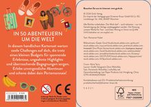 IN 50 ABENTEUERN UM DIE WELT. Abenteuerliches Kartenset für spannende Erlebnisse und Begegnungen, € 9,00. Enthält Symbole wie Bananen, Brille, und Reiseobjekte.