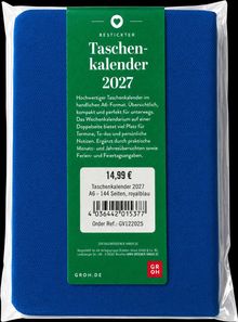Texts: "Bestickter Taschenkalender 2027", "14,99 €", "A6 - 144 Seiten, royalblau". Ein Paket mit einem blauen Kalender.