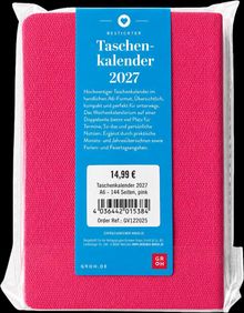 Bestickter Taschenkalender 2027. Hochwertig, A6-Format, pink. Preis: 14,99 €. 144 Seiten.