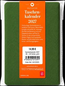 Text: "Taschenkalender 2027", "14,99 €", "GR OH" auf grünem Hintergrund mit orangefarbenem Etikett.