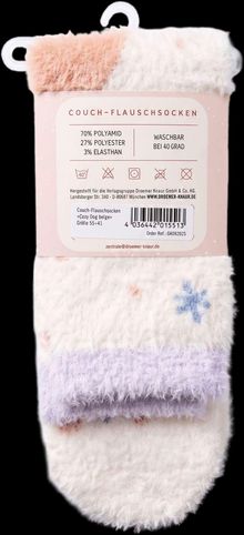 70% Polyamid, 27% Polyester, 3% Elasthan. Flauschige Socken in Weiß und Lila mit blauen und orangenen Akzenten.