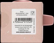 Tasse „Herzensbecher“, rosa, mit Bambusdeckel. Herstellerangaben: Droemer Knaur GmbH, München. Rosa Verpackung.