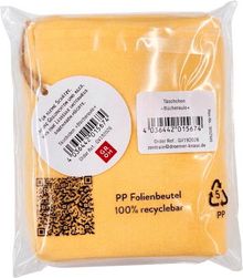 Ein gelbes Täschchen in Plastikverpackung. Texte: "Täschchen »Büchereule«", "PP Folienbeutel 100% recyclebar".
