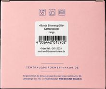 "Bunte Blumengrüße" Kaffeebecher beige mit Barcode, Bestellreferenz GV012025 und E-Mail-Adresse. Rosa Hintergrund.