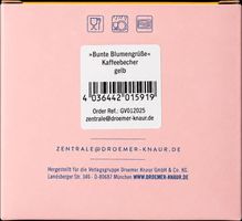 "Bunte Blumengrüße" Kaffeebecher gelb, Barcodes und Kontaktinformationen. Icons für Geschirrspülen, Besteck und Mikrowelle.