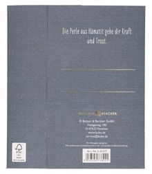 "Die Perle aus Hämatit gebe dir Kraft und Trost." Darunter sind Kontaktdetails von Butzon & Bercker GmbH.