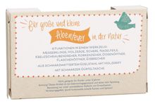Beschreibung: Text „für große und kleine Abenteuer in der Natur“. Funktionen: Messer, Säge, Schere. Grüner Vogel-Illustration.