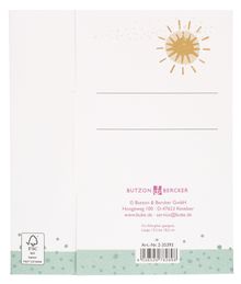 "BUTZON & BERCKER", Webseiten- und E-Mail-Adresse, FSC-Symbol. Sonnenillustration oben rechts, grüne Punkte unten.