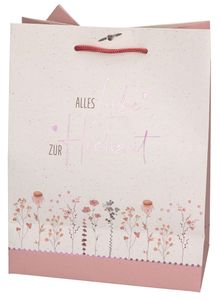 "Alles Liebe zur Hochzeit" steht in rosa Schrift. Unten sind zarte Blumen und Herzen in Pastellfarben abgebildet.
