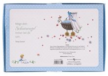 "Möge dein Schutzengel immer bei dir sein. Tanja Sassor." Illustration mit Kinderwagen, Blumen und Herzchen.