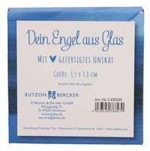 "Dein Engel aus Glas", mit Herz, "Gefertigtes Unikat", Größe: 3,5 x 3,8 cm. Logo: Butzon & Bercker. Blaues Design.