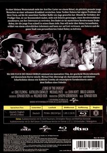 Beschreibung eines mysteriösen Revolverhelden in einem Western. Darunter Schauspieler und Produktionsdetails. Schwarz-weißes Filmstill.