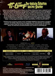 Ti Lung in "Der tödliche Schatten des Mr. Shatter." Zwei Fotos zeigen Szenen des Films, darunter zwei Männer in einer Konfrontation.