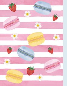 Macarons, Erdbeeren und weiße Blüten auf rosa-weißen Streifen; Illustration im Pastellstil.