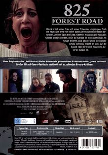 "825 FOREST ROAD" mit Beschreibung eines Horrorszenarios, Bild einer schreienden Frau und gruseliger Atmosphäre.