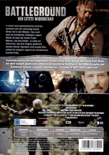 "BATTLEGROUND DER LETZTE WIDERSTAND". 

Text über post-apokalyptische Handlung, KI-Herrschaft.

Oben: Mann mit Gewehr. 

Unten: Szenen aus dem Film.