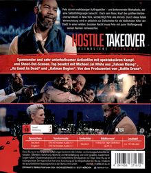 "HOSTILE TAKEOVER: Feindliche Übernahme" in weiß-roter Schrift. Szenen zeigen bewaffnete Männer und intensive Auseinandersetzungen.