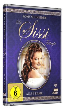 "Die Sissi Trilogie" DVD-Box, Romy Schneider, violetter Hintergrund, gelbes FSK 6 Logo, Porträt einer lächelnden Frau.