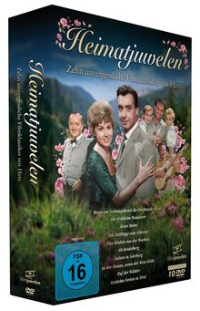 "Heimatjuwelen: Zehn unvergessliche Filmklassiker mit Herz. Bilder von lächelnden Menschen vor einer Bergkulisse, Rosen."