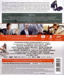 Text: Der erfolgreiche Autohändler Jerry Lundegaard ... auf die Fersen der stümperhaften Bande ...

Szene: Drei Filmbilder, Polizeiaktion, Anrufszene.

Text: Das ultimative Seherlebnis in 4K Ultra HD

Unten: Produktionsangaben, Logos, Filminfos.