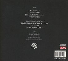 CD 1: OCCVLANTH, ASTRALITH, THE MEMORIAL [a prelude], THE TOWER, BLACK MONOLITHS, STROLIT GATEWAYS OF KVLTAN, FINISTERE, MEMORIAL'S GREY. CD 2: FINIS TERRAE, pt. I: abysswalker, pt. II: the nameless choir, pt. III: the memorial's last lament. Oben links ein kleines, geometrisches Logo. Links unten "audioglobe distribution" und AL!VE in einem roten Kasten. "www.mercifulnuns.com", Barcode rechts.