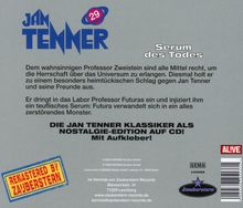 „Jan Tenner“, „Serum des Todes“. Beschreibung eines heimtückischen Plans. Hinweis auf Nostalgie-CD-Edition. Verschiedene Logos.