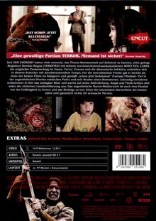 Texte: "HAT SCHON JETZT KULTSTATUS!", "Eine gewaltige Portion TERROR. Niemand ist sicher!", "EXTRAS", "VIDEO", "AUDIO", "UNTERRITEL", "LAUFZEIT". Ein Hund mit Kette, ein Mann im Hintergrund. Ein Kind schaut entsetzt. Zombie-ähnliches Gesicht unten rechts. Eine Person mit Spieß und ausdrucksstarkem Gesichtsausdruck.