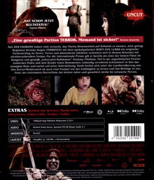 Texte: „Eine gewaltige Portion TERROR. Niemand ist sicher!“ Ein schockierendes Filmcover mit Horrorbildern und Infos zur Blu-ray.