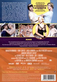 Die Texte beschreiben einen Film mit Marilyn Monroe und beinhalten Details und Bonus-Inhalte der DVD. Oben links und rechts sind Fotos von Szenen des Films, einschließlich eines schwarz-weißen Bildes von Marilyn Monroe in einem auffälligen Outfit.