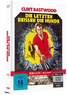 "Clint Eastwood in DIE LETZTEN BEISSEN DIE HUNDE." Illustration: Mann in Rot hält Waffe vor gelbem Hintergrund.