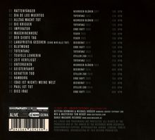 Liste mit 19 Songs, BPM und Albenamen. Unten Barcodes und Logos von AL!VE, GEMA, Disc und Danz Macabre.