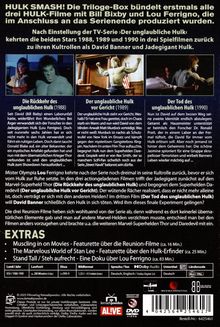 Text in großen Buchstaben: "HULK SMASH! Die Trilogie-Box bündelt erstmals alle drei HULK-Filme mit Bill Bixby und Lou Ferrigno."  

Unter den Texten sind Szenenbilder aus drei Hulk-Filmen zu sehen. Texte beschreiben die Filme "Die Rückkehr des unglaublichen Hulk", "Der unglaubliche Hulk vor Gericht" und "Der Tod des unglaublichen Hulk". Darunter steht "EXTRAS" mit einer Liste von Bonusmaterial. Unten sind Details wie Land, Jahr, Laufzeit und Disc-Informationen aufgeführt.
