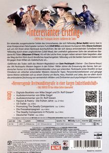 „Interessanter Erstling“ und „Hervorragende Breitwandfotografie“. Szenen und Personen aus einem Western, mit zwei Männern auf Pferden.