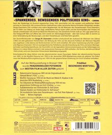 Ein Text beschreibt den Film "PANZERKREUZER POTEMKIN" als "SPANNENDES, BEWEGENDES POLITISCHES KINO". Prädikat: BESONDERS WERTVOLL (FBW). Es folgen Details zum Filminhalt und Extras wie Musikfassungen und Dokumentationen. Oben sind drei Schwarz-Weiß-Fotos von Filmszenen.