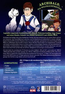 "ARCHIBALD, DER WELTRAUMTROTTER" groß oben. Zeichentrickfigur mit Hund. 

Beschreibung der ungarischen Serie und der Episodenliste.