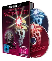 "Stephen King's Nachtschicht" in roter Schrift, gruselige Illustrationen mit Schädel und Ratte, beinhaltet Blu-ray Discs.