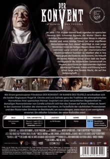 "DER KONVENT: Im Namen des Teufels" Text beschreibt einen Horrorfilm über Nonnen und übernatürliche Ereignisse im 18. Jahrhundert. Eine Nonne mit blutenden Augen, umgeben von düsterem, religiösem Ambiente.