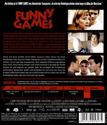 Text oben: „Von Anfang an ist FUNNY GAMES...“  
Titel: FUNNY GAMES  
Info: Michael Hanekes kontroverses Meisterwerk über sadistischen Voyeurismus.  
Genres: Horrordrama, Thriller  
Bonusmaterial: Interviews, Audiokommentar  
Laufzeit: ca. 109 Minuten, FSK 18  
Szene: Frau mit zwei Jugendlichen.